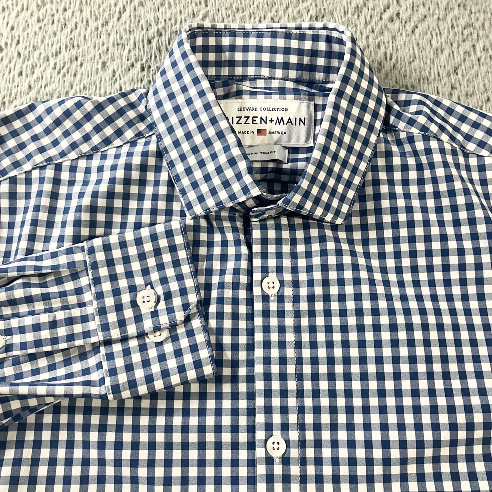 Mizzen+Main Dress Shirt Mens‎ Medium Blue Gingham Leeward Trim Fit Stretch